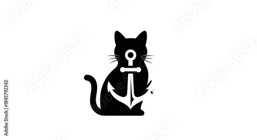 Black Cat with Anchor Symbol Minimalist Design.