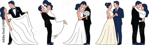 Wedding couple illustration set, romantic poses, bride and groom, dancing, kissing, embracing, bouquet, celebration, love theme, vector art, elegance