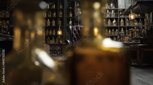 A dimly lit room with rows of jars, laboratory equipment, and antique stools. Shelves hold many jars