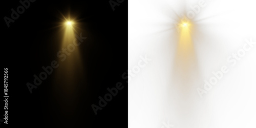 Bright spotlights shine down, forming focused light circles. Floodlight beam, illuminated spotlights. Projection studio lights beam. Transparent allows seamless web or poster use.Spotlights.