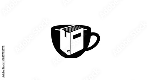 A simple black and white illustration of a book inside a coffee cup.