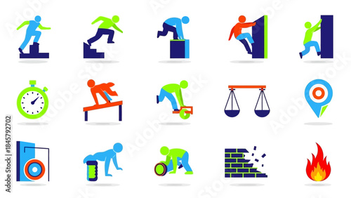 Obstacle Course Icons Set Representing Fitness and Challenge.