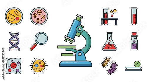 Microscope and Scientific Research Icons Set.