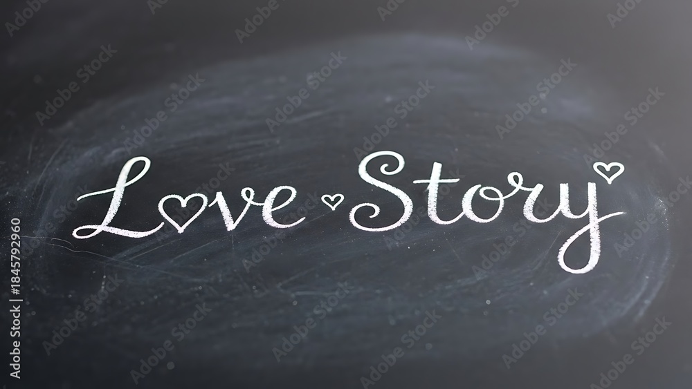 Fototapeta premium Elegant white chalk script spelling out love story with small hearts drawn on a dark textured blackboard background for romantic concepts