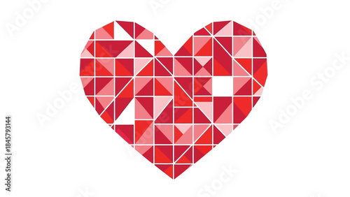 Vibrant red heart shape formed by small triangles on white background, geometric mosaic pattern, symbolizing love and passion
