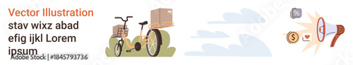 Sustainable delivery, e-commerce, logistics, parcel transport, online shopping, contactless services. Cargo bicycle carrying packages. Bicycle delivery and e-commerce concepts