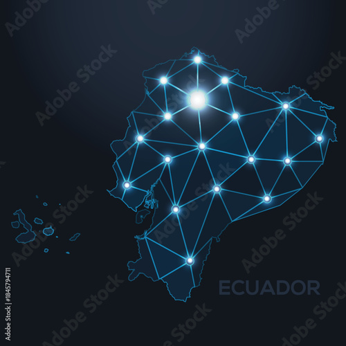 Low-poly vector map of Ecuador featuring glowing city lights and population density illustrated through star-like dots and cosmic shapes.