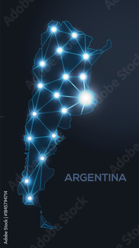 Low-poly vector map of Argentina featuring glowing city lights and population density illustrated through star-like dots and cosmic shapes.