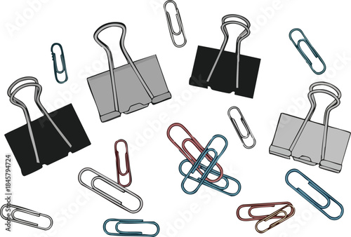 Assortment of Paper Clips and Binder Clips Illustration