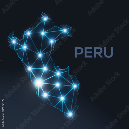 Low-poly vector map of Peru featuring glowing city lights and population density illustrated through star-like dots and cosmic shapes.