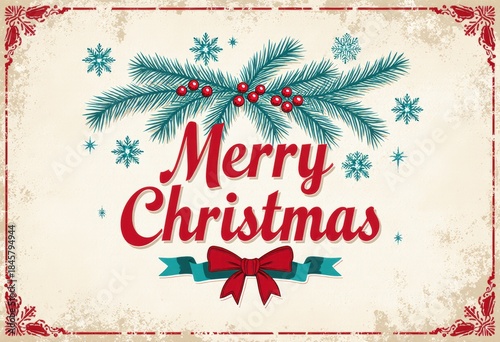 Vintage merry christmas card with festive pine branches and red bow