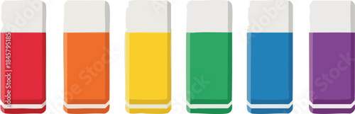 Colorful erasers in rainbow order create a vibrant and organized visual effect