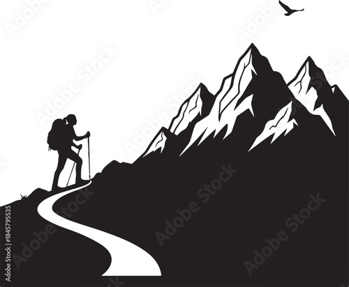Hiker Ascending Mountain Path with Bird Flying Above.
