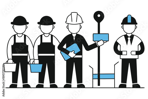 Construction Team and Engineering Site Workers Flat Vector Illustration