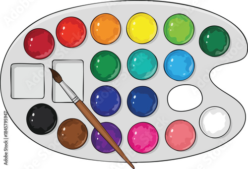 Colorful paint palette with a brush ready for artistic creation