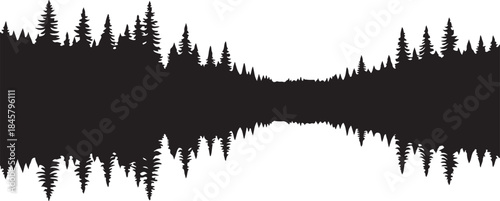 Silhouette of Pine Trees by Lake at Sunset Landscape.