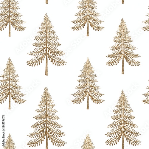 Set of Christmas trees. Minimalist seamless gold embroidery Christmas tree pattern on white background. Tile able repeat pattern perfect for seasonal packaging, premium stationery.