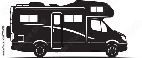 Black RV Camper Van Silhouette Isolated on Transparent Background.