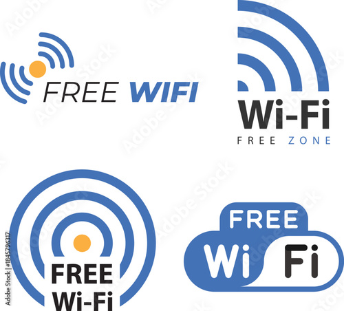Free WiFi Zone Icons, Wireless Internet Hotspot Signal Sign Set