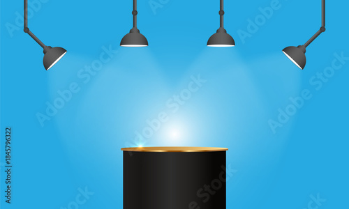 Empty Black Podium with Hanging Spotlights, Blue Product Display Background Vector