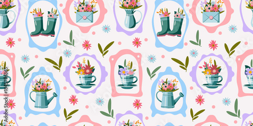 Seamless spring floral pattern with cute garden frames, flowers in cups, boots and watering cans, cozy pastel cottagecore background. Hand drawn flat vector illustration