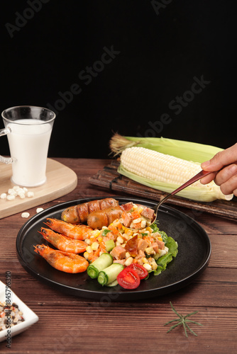 Healthy Balanced Meal with Grilled Shrimp, Vegetables and Corn