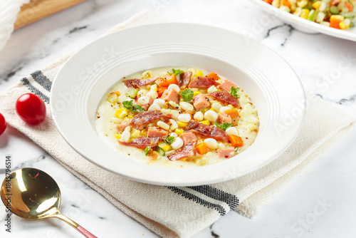 Bacon and Sausage Corn Soup with Fresh Vegetables