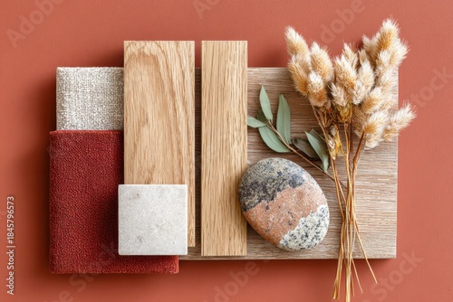 Warm interior design material mood board featuring wood, fabric, stone, and dried flowers arranged artistically on a vibrant background for creative inspiration and aesthetic appeal