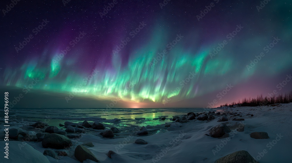 Naklejka premium A breathtaking night scene of the aurora borealis dancing across a starry sky over a snowy shoreline. Green, purple, and pink hues blend