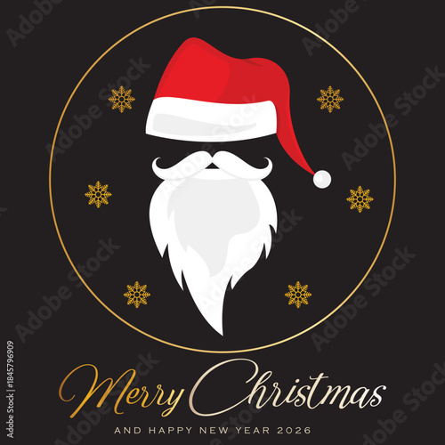 Festive Santa Christmas greeting badge. Cheerful Christmas greeting design featuring a smiling Santa illustration with decorative ribbon text in a circular badge style, ideal for holiday cards, poster