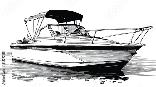 Modern Boat with White Hull and Black Roof Vector Illustration