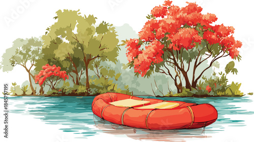Red Raft Boat on Water with Trees Background for Outdoor Recreation and Nature Adventure