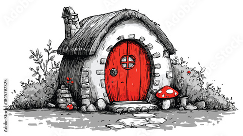 Enchanting Fairy House with Red Door - Whimsical Cartoon Illustration