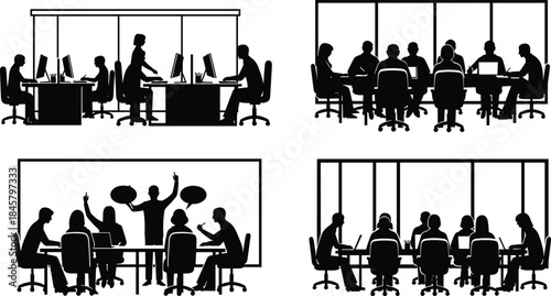 Black silhouette office scene set with teamwork, laptops, and discussion for business, workplace, and educational design themes.