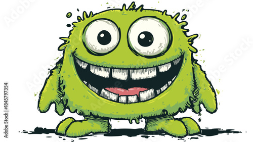 Happy Green Monster Cartoon Drawing Smiling with Joy Vector Illustration