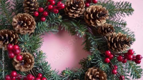 Wreath decorates with pine cones and berries, on a pink background
