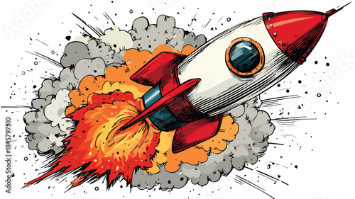 Cartoon Rocket with Red and Black Fire - Space Adventure Illustration
