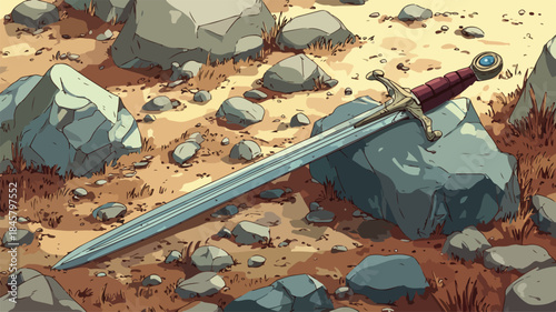 Sword on Ground with Rocks - Cartoon Drawing Depicting Fallen Weapon in Fantasy Setting