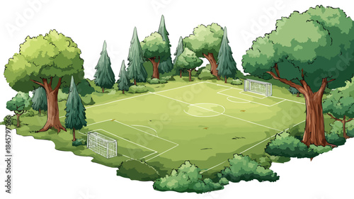 Lush Cartoon Soccer Field with Trees and Players Illustration