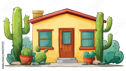 Cartoon House with Cactus and Cactus Vector Illustration