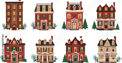 Christmas house vector set with festive decorations, snow-covered roofs, and holiday charm for seasonal, lifestyle, and design themes.