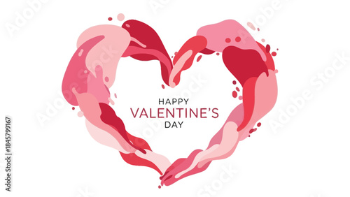 Vibrant pink and red heart shape made of liquid splashes with happy valentine's day text inside on white background