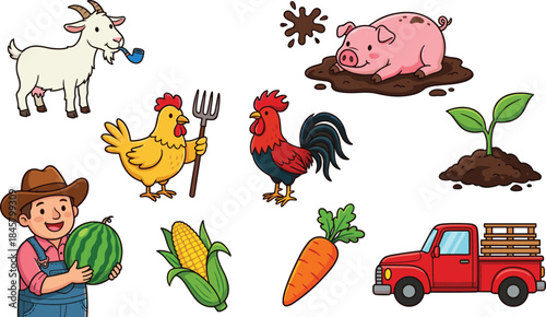 Cartoon farm scene with animals, crops, farmer, red truck, playful elements, educational theme, colorful layout, flat vector illustration