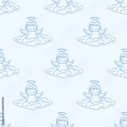 Seamless pattern with cute angel line art. Gentle and minimal design ideal for baby products, christening, baptism, nursery decor, religious themes, wrapping paper, and textiles.