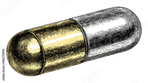 Detailed Vector Drawing of Gold Cap Pill with Outline Isolated on White Background