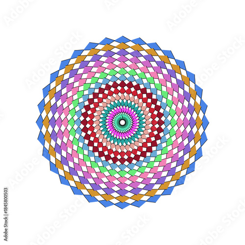 Colorful Geometric Mandala Pattern with Repeating Diamond Shapes and Swirling Design