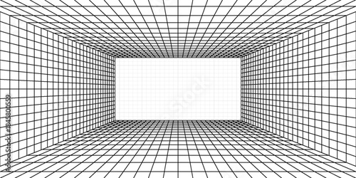 Room projection grid in futuristic 3d style. Outline futuristic grid background, room projection. Wireframe grid template in perspective view