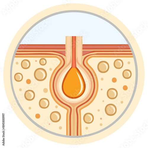 Skin layer structure with acne formation in cross section illustration