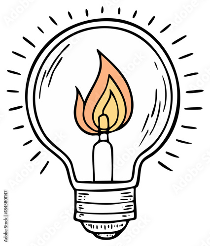 Hand drawn light bulb with a burning flame inside, a glowing conceptual illustration of creativity and ideas.