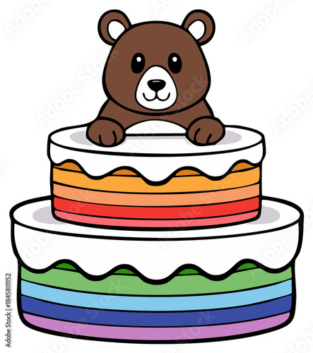 Cartoon Bear on Rainbow Layer Cake for Birthday Celebration Dessert Sweet Treat